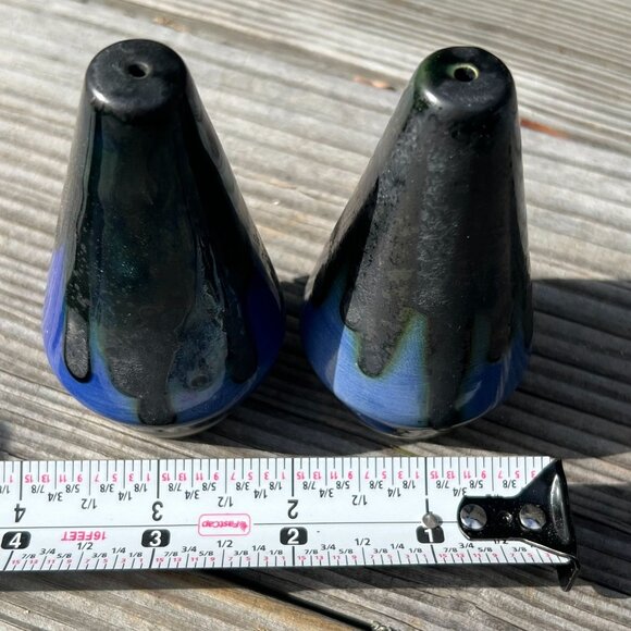 VTG Drip Glaze Ceramic Conical Blue Black Salt & Pepper Shaker Set, 3.5 in MCM - Picture 7 of 7